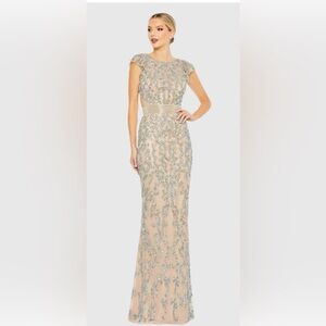 Mac Duggal Beige Damask Sequin Embellished Open Back Lace Up Cap Sleeve Gown